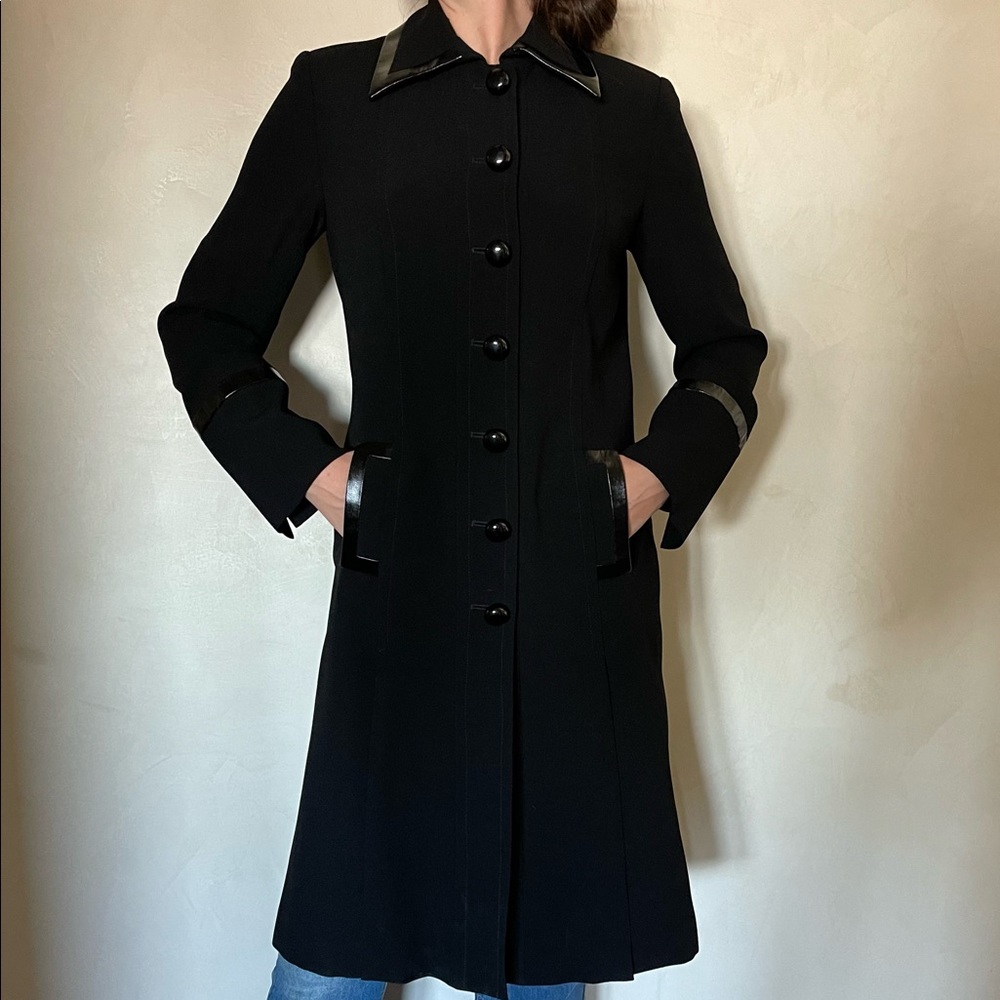 COPY - Elegant light weight duster. Tailored with faux leather trim.